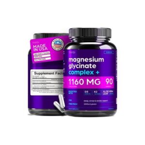 Magnesium Glycinate 1160mg + Aloe Vera, D3 & K2 Complex 90 Capsules – High Absorption, Non-Laxative – Supports Healthy Stress Response, Muscle Function & Healthy Metabolism Chelated Formula